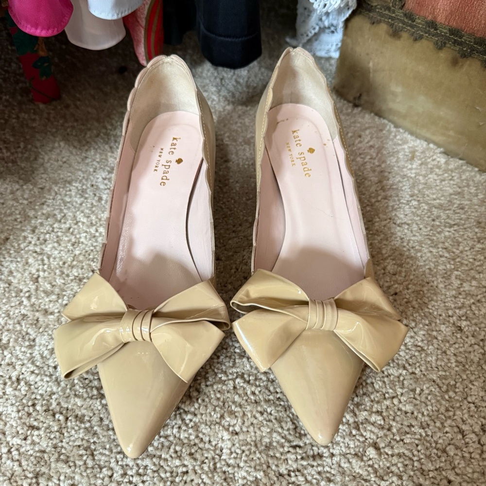 kate spade Nude Patent Pointed-Toe Heels with Bow